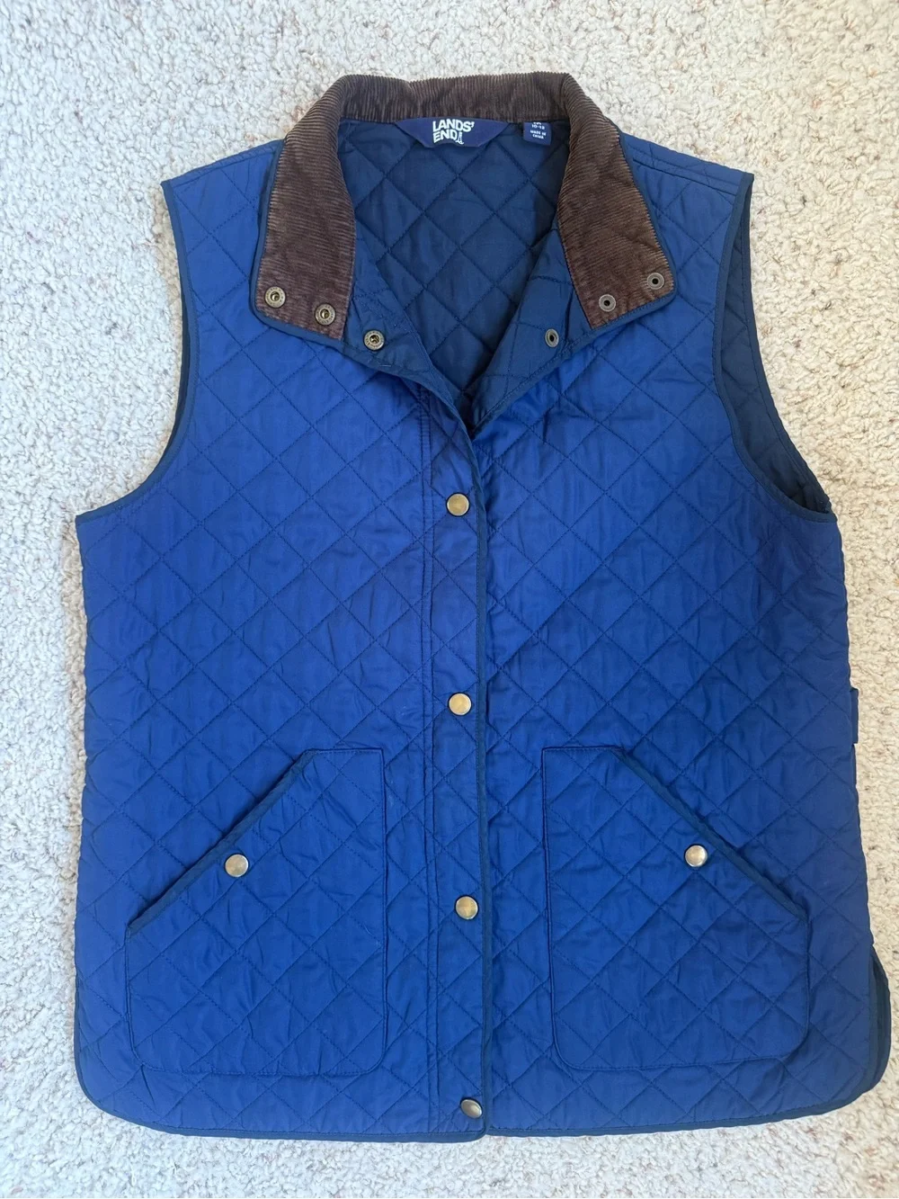 Lands End Kids Quilted  Barn Vest Blue Corduroy Collar Snap Front Kids M 10-12